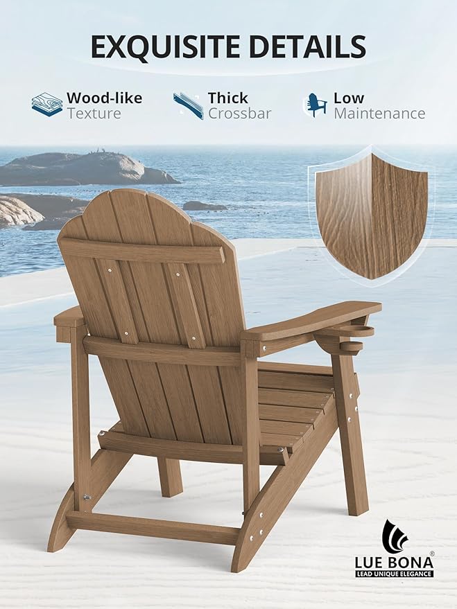 LUE BONA Wood-Grain HDPE Adirondack Chair Set of 1 - Weather Resistant Outdoor Seating with Cup Holder for Cabin, Deck - Photo 5