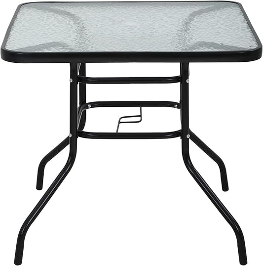 MKDLUFEI 32 Inch Umbrella Table with Hole, Outdoor Square Patio Table with Tempered Glass Top, for Balcony, Backyard, Poolside, Black