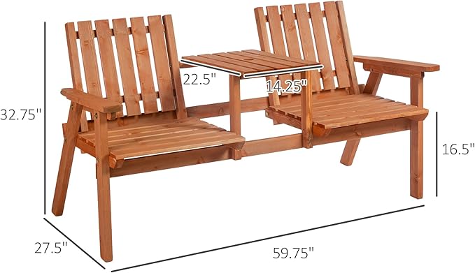 Outsunny Patio Bench, Garden Bench with Middle Table and Umbrella Hole, Wooden Outdoor Bench for Patio, Porch, Poolside, Balcony, Orange