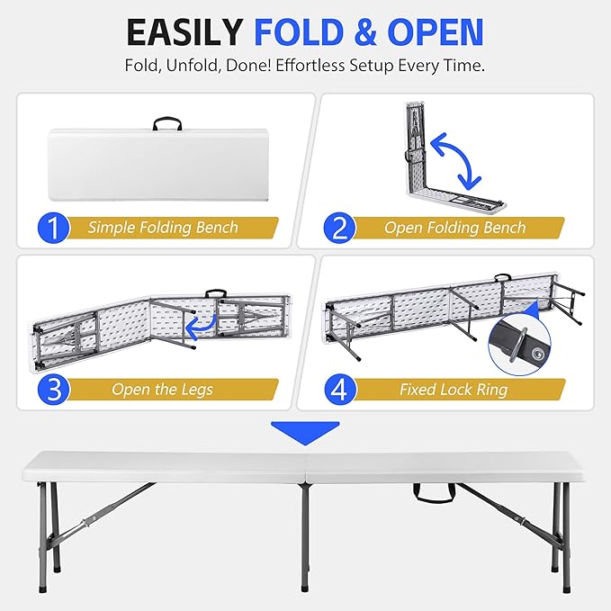 SUPER DEAL 6 FT Plastic Folding Bench, Portable Outdoor Bench with Handle & Non-Slip Mat, Waterproof Dining Seat for Picnic Party Garden Camping Soccer Field, 1 Pack, White