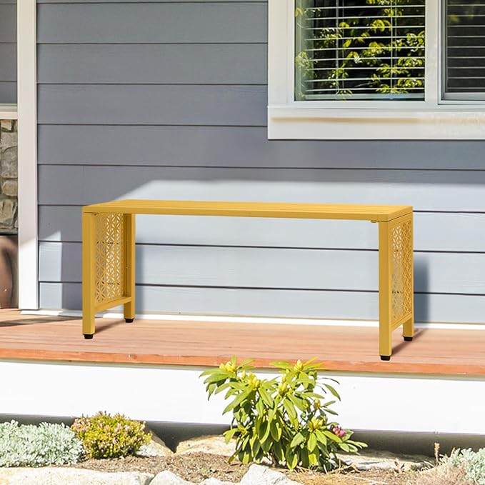 VINGLI 40in Outdoor Metal Bench, All-Weathe Backless Patio Bench with Slatted Seat＆Floral Side Panels - Photo 8