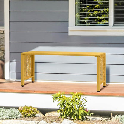 VINGLI 40in Outdoor Metal Bench, All-Weathe Backless Patio Bench with Slatted Seat＆Floral Side Panels, Rust-Resistant Garden Bench, Weatherproof Outdoor Seating for Porch Entryway Backyard (Yellow)