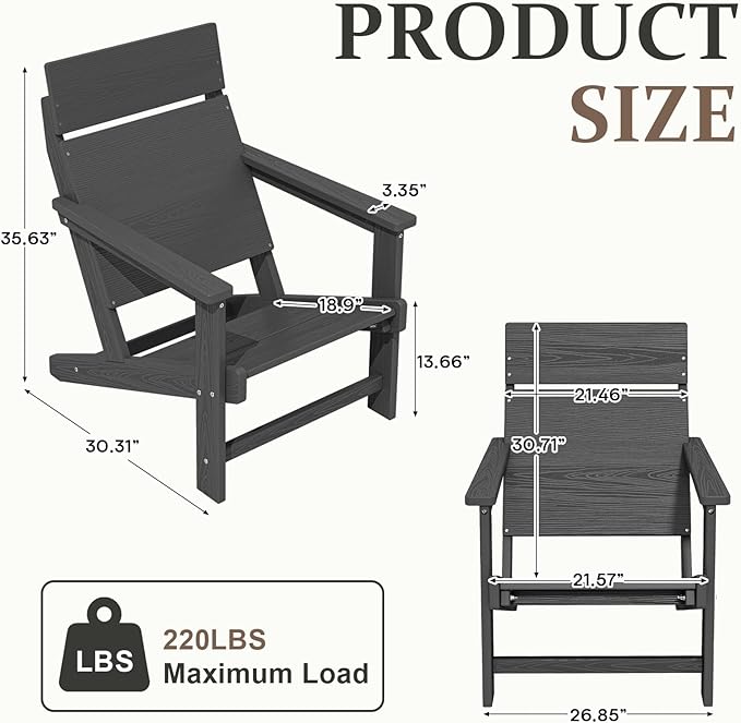 Adirondack Chair, Outdoor Patio Lawn Chairs, Outside HDPE Chairs with One-Piece Backrest for Lawn, Yard & Poolside, Gray