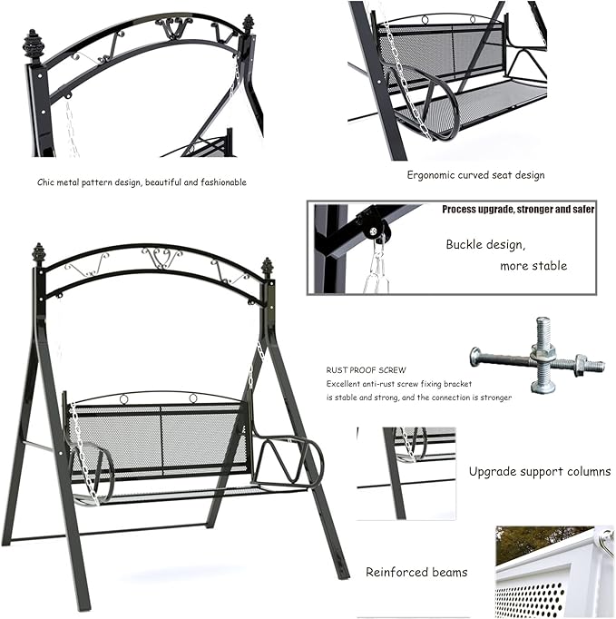 Upgraded Metal Patio Porch Swing with A-Frame Stand Heavy Duty Metal Hanging Porch Swing Chair Patio Hanging Bench - Photo 4