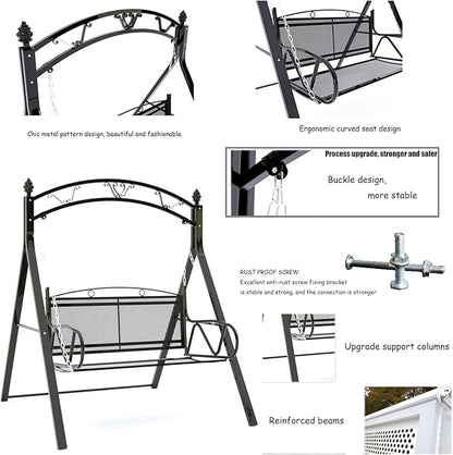 Upgraded Metal Patio Porch Swing with A-Frame Stand Heavy Duty Metal Hanging Porch Swing Chair Patio Hanging Bench Swing with Adjustable Chains for Garden, Balcony, Living Room (Black)