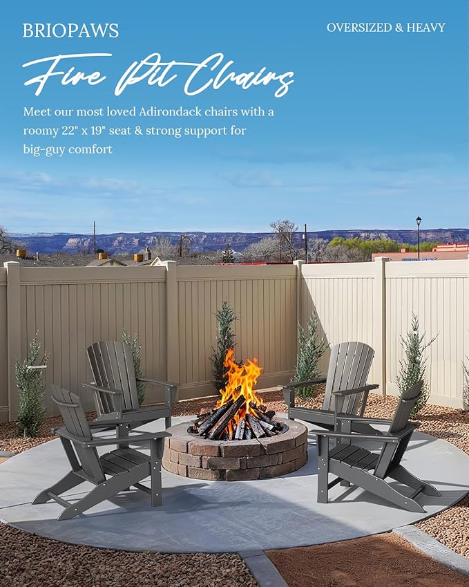 BRIOPAWS Adirondack-Chair | Fire Pit Chair | Oversized | HDPE Plastic | Weather Resistant | for Deck Outdoor Poolside Campfire | Grey