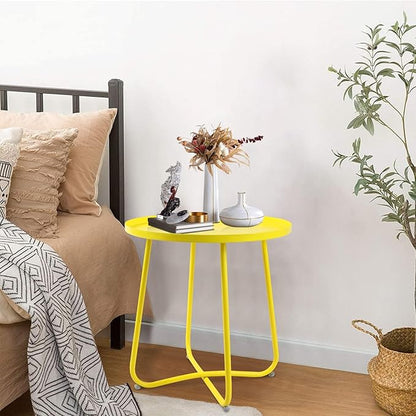 J.M.Deco Outdoor Side Table Set of 2, Small Round Patio Table Weather Resistant Steel, Small Accent End Table for Patio Yard Garden, Balcony, Bedside, Indoor & Outdoor (Yellow)