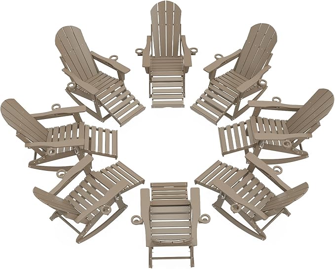 Adirondack Rocking Chairs Set of 8 with Retractable Ottoman, All Weather Folding Adirondack Chair with Two Cup Holders, Adirondack Outdoor Rocking Chairs for Porch, Patio, Balcony. Brown