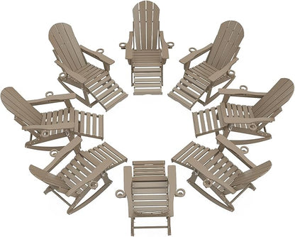 Adirondack Rocking Chairs Set of 8 with Retractable Ottoman, All Weather Folding Adirondack Chair with Two Cup Holders, Adirondack Outdoor Rocking Chairs for Porch, Patio, Balcony. Brown