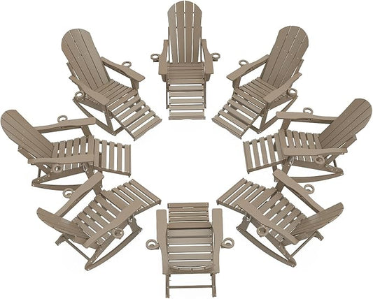 Adirondack Rocking Chairs Set of 8 with Retractable Ottoman, All Weather Folding Adirondack Chair with Two Cup Holders, Adirondack Outdoor Rocking Chairs for Porch, Patio, Balcony. Brown