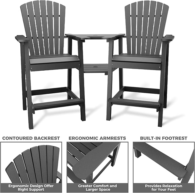 Outdoor Recycled Poly Adirondack Barstools with Connecting Tray, Tall Adirondack Chairs Bar Chairs for Deck, Balcony, Backyard, Patio Bar Stool Chair with High Back Weather Resistant Set of 2