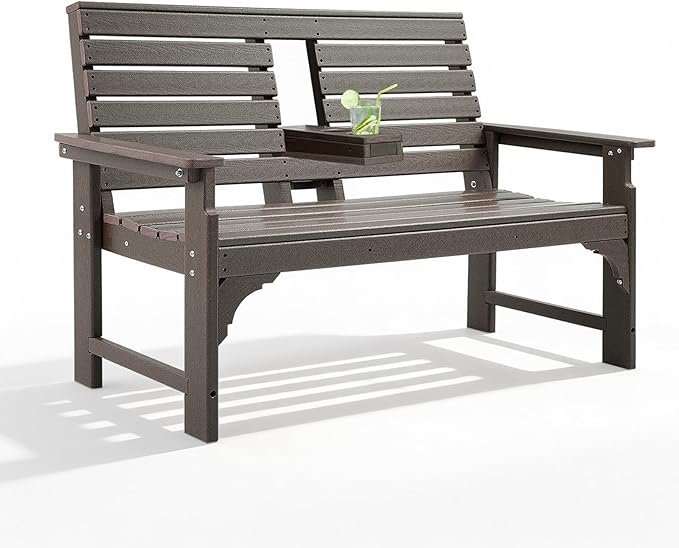 Outdoor Bench Weatherproof - HDPE 2-Person Garden Bench with Cup Holders, Bench Furniture with Backrest and Armrests, 700 lbs Capacity, Patio Park Bench for Front Porch Backyard Park (Brown)