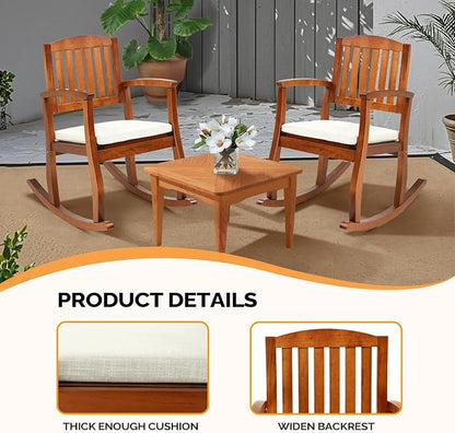 VINGLI Wooden Rocking Chair with Cushion,Outdoor Indoor Rocking Chair Supports Up to 450 lbs,Chair with Comfortable Backrest for Patio, Porch, Balcony (1, Teak)