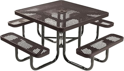 COATEDOUTDOORFURNITURE Heavy-Duty Portable Outdoor Picnic Table with Umbrella Hole, Expanded Metal Commercial-Grade Patio Dining Furniture Made in America (46" Square Top, Brown)