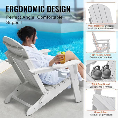 Happybuy Adirondack Chair Plastic, Set of 2 All-Weather Portable Folding Fire Pit Chair, Outdoor Adirondack Patio Chair with Cup Holder, with Relaxing Arm Rest Ergonomic, for Garden, Backyard - White