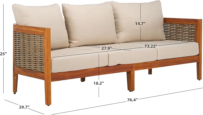 SAFAVIEH Outdoor Collection Amanda Natural Acacia Solid Wood/Taupe Cushion 3-Seater Sofa - Photo 3