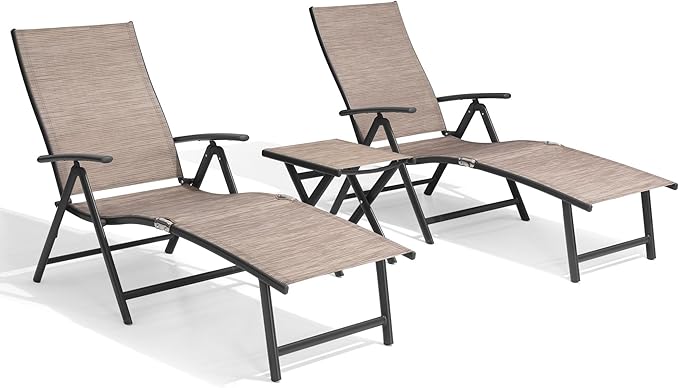 Crestlive Products 2PCS Chaise Lounge Chair Outdoor with 1PC Side Table, Aluminum Folding Patio Recliner Chair, Adjustable 8 Positions Assemble-Free
