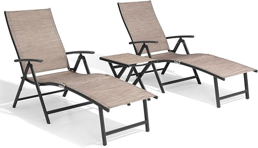 Crestlive Products 2PCS Chaise Lounge Chair Outdoor with 1PC Side Table, Aluminum Folding Patio Recliner Chair, Adjustable 8 Positions Assemble-Free