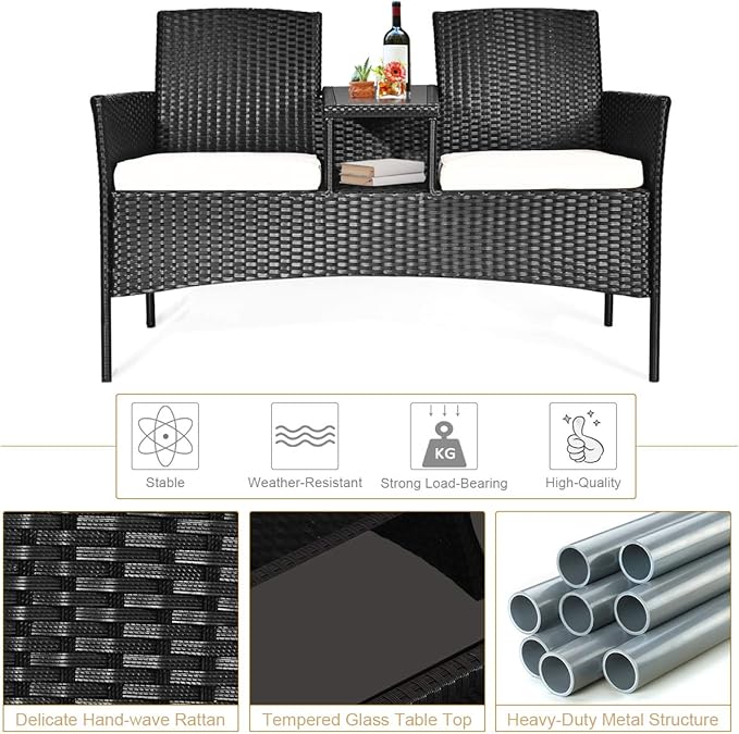 Outdoor Loveseat, 2 Seats Chair with Table, Cushions, Tempered Glass Tabletop, Wicker Patio Conversation Furniture Set - Photo 5