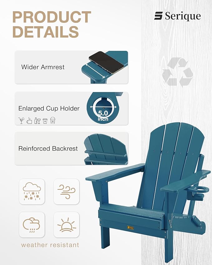 Folding Adirondack Chair, Patio Chair Wood Texture, Outdoor Chair Weather Resistant, Fire Pit Chair with Cup Holder, Composite Adirondack Chair Set of 4(Navy Blue)