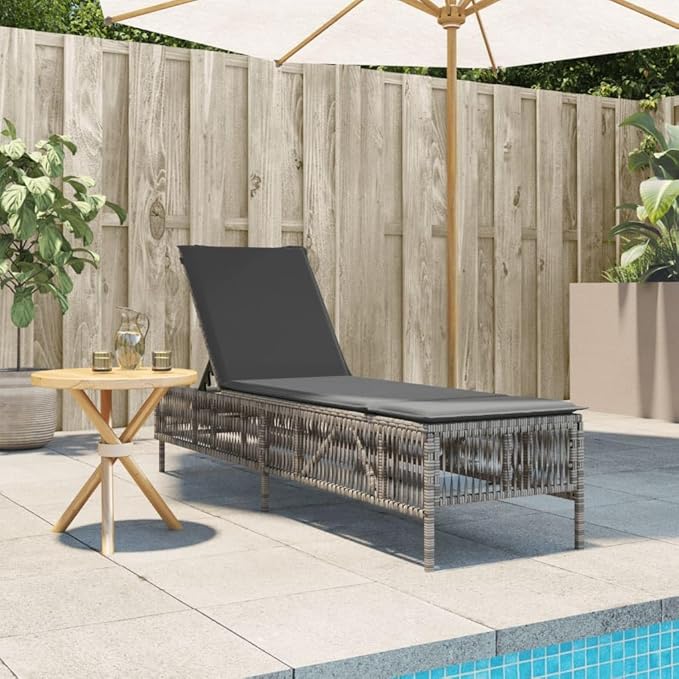 Adjustable Sun Lounger with Removable Cushion Covers, Grey PE Rattan Outdoor Chaise Lounge 77.9 x 21.7 x 37.8 in - Photo 3