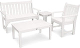 Polywood Vineyard 4-Piece Outdoor Bench Seating Set - White HDPE Patio Furniture with Coffee Table and Side Table
