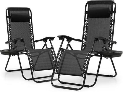 Athena Collection Zero Gravity Chair, Outdoor Lounge Chair with Adjustable Pillow and Cup Holder, Reclining Camping Chair for Outside Beach Lawn Garden Patio Poolside Set of 2 - Black