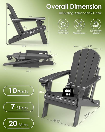 GREENVINES Folding-Adirondack-Chairs-Set-of-6 | HDPE Plastic | Fire Pit Chair | All Weather | Cup Holder | Grey | for Deck Backyard Patio Outdoor Garden