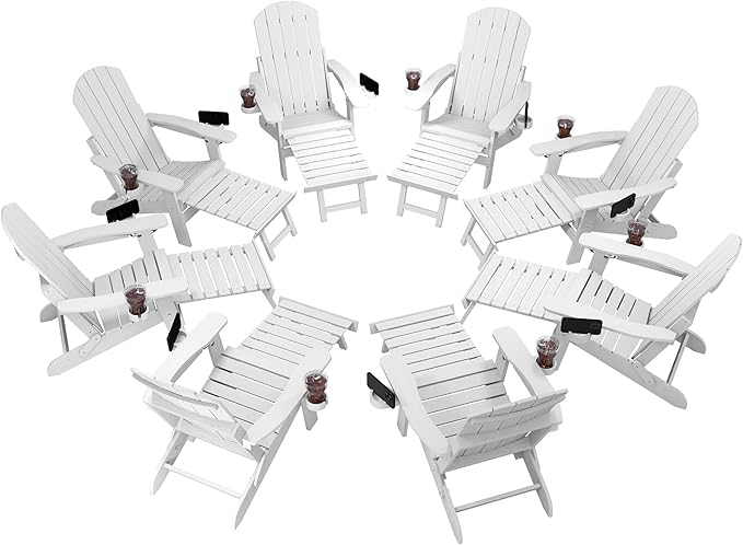 YEFU Adjustable Adirondack Chair with Retractable Ottoman Set of 8,Folding Adirondack Chair with 2 Cup-Holders, Outdoor Chairs with Footrest,Weather Resistant Fire Pit Chairs,for Patio Lawn(White)