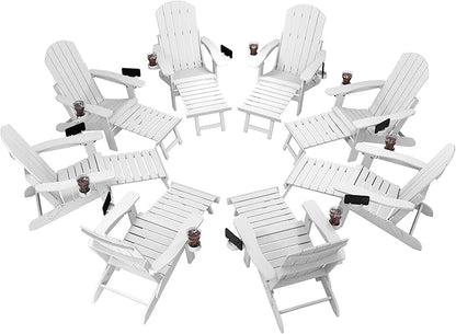 YEFU Adjustable Adirondack Chair with Retractable Ottoman Set of 8,Folding Adirondack Chair with 2 Cup-Holders, Outdoor Chairs with Footrest,Weather Resistant Fire Pit Chairs,for Patio Lawn(White)