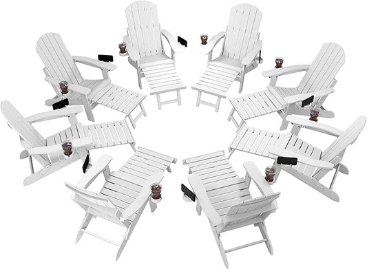YEFU Adjustable Adirondack Chair with Retractable Ottoman Set of 8,Folding Adirondack Chair with 2 Cup-Holders, Outdoor Chairs with Footrest,Weather Resistant Fire Pit Chairs,for Patio Lawn(White)