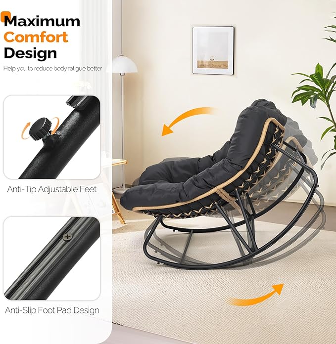 VINGLI Papason Rocking Chair Outdoor, Patio Rocking Chair with Cushion, Comfortable Lounge Chair Weatherproof for Garden, Yard, Outdoor/Indoor, Grey