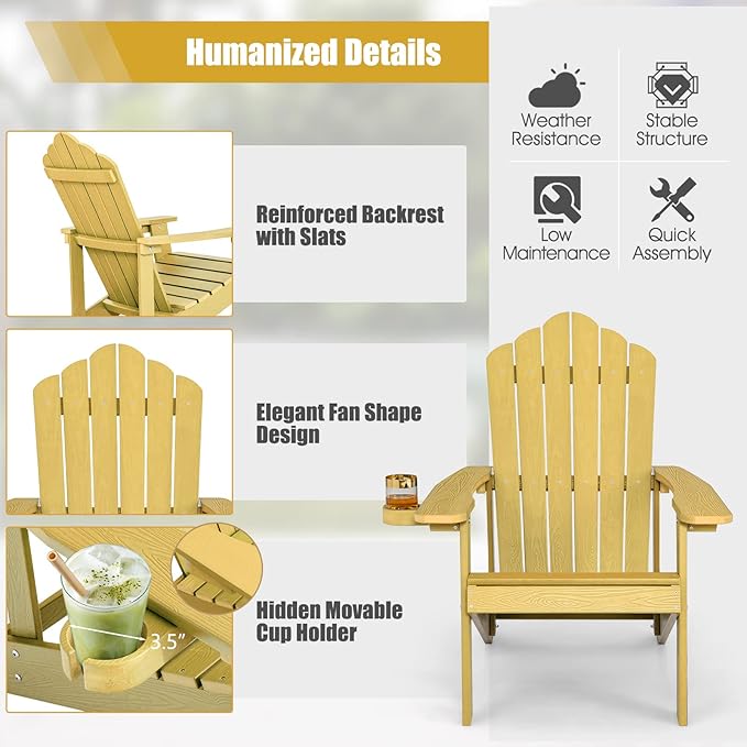 Giantex Outdoor Adirondack Chair - Oversized Patio Chairs w/Hidden Cup Holder, Realistic Wood Grain, 380 LBS Weight Capacity, Weather Resistant Firepit Chairs for Backyard, Garden (4, Yellow)