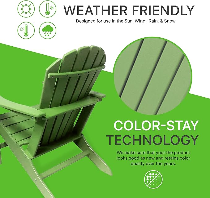 NewTechWood Atlantic Classic Curveback Plastic Weather Resistant Patio Adirondack Chair, Easy Installation, Widely Used in Outdoor, Fire Pit, Deck, Lawn, Outside, Garden Chairs (Mint)