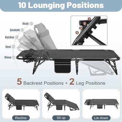 Slsy Folding Lounge Chairs Outdoor, Adjustable Sleeping Cot Chair, Portable Folding Bed Cot Chaise Lounge Chairs for Outside Beach Lawn Camping Pool Sun Tanning