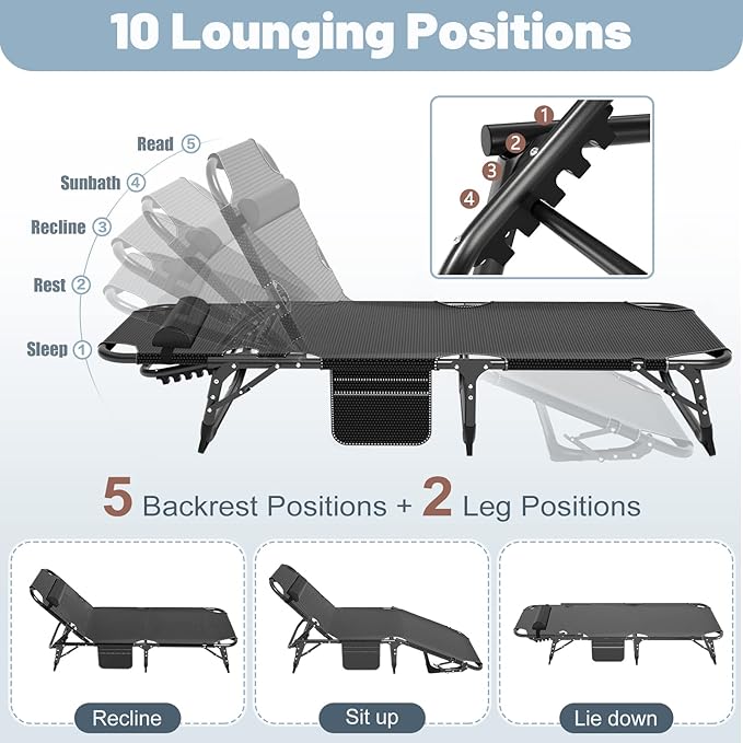 Slsy Folding Lounge Chairs Outdoor, Adjustable Sleeping Cot Chair, Portable Folding Bed Cot Chaise Lounge Chairs for Outside Beach Lawn Camping Pool Sun Tanning