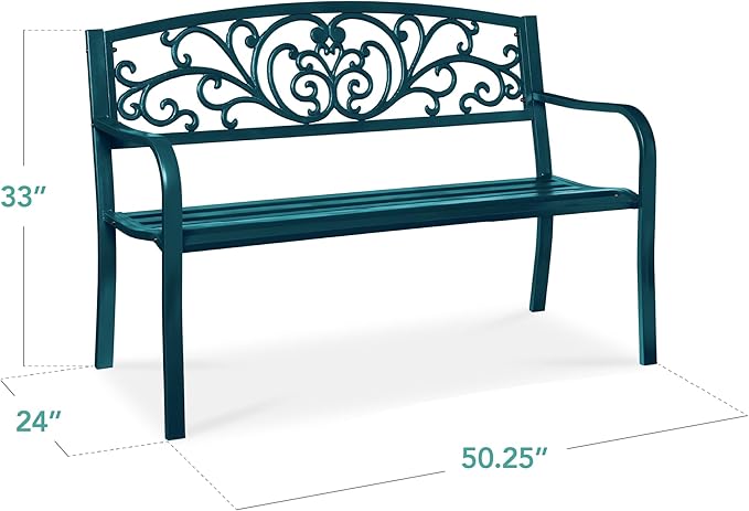 Best Choice Products Outdoor Bench Steel Garden Patio Porch Furniture for Lawn, Park, Deck w/Floral Design Backrest - Photo 2