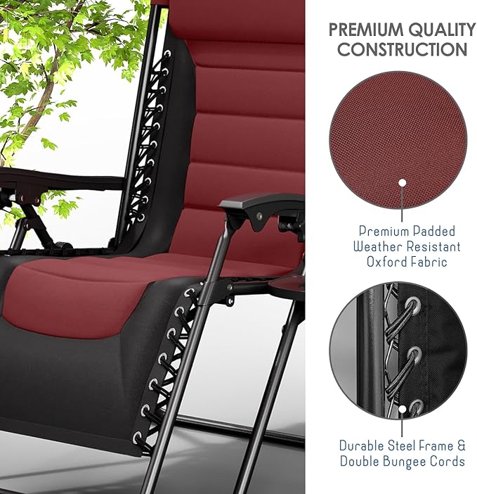 Nestl Outdoor Padded Zero Gravity Chair Set of 2, Patio Lounge Chair Outdoor Recliner, Oversized Anti Gravity Lounger with Adjustable Headrest and Cup Holder, Foldable for Camping - Black/Burgundy