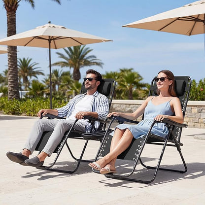 JEAREY Oversized Zero Gravity Lounge Chairs Set of 2, Adjustable Steel Mesh Recliners w/Pillows and Cup Holder Trays for Patio, Garden, Beach, Black