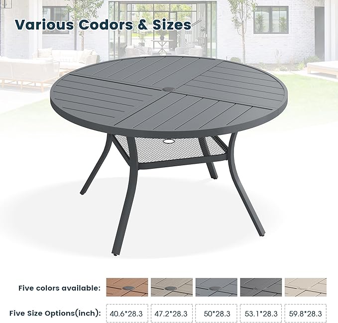 Patio Dining Table for 4-6, Round Metal Outdoor Table with Storage Shelf, 1.57" Umbrella Hole, 47" Outdoor Quartered Tabletop Dining Table for Backyard, Porch, Lawn, Dark Grey