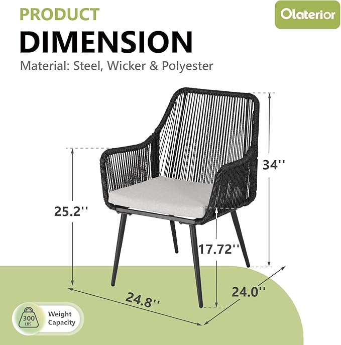 Patio Dining Chairs Outdoor Dining Chairs with Armrest and Cushion Set of 4, All-Weather Woven Twisted Wicker Rattan Chair, Modern Indoor Outdoor Seating for Garden, Lawn, Backyard, Black