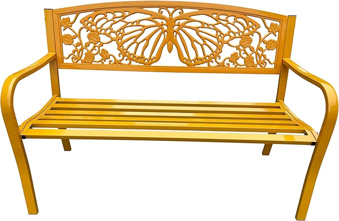 Hi-Line Gift Ltd 50" Outdoor Metal Garden Bench with Butterfly Design Backrest - Yellow