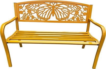 Hi-Line Gift Ltd 50" Outdoor Metal Garden Bench with Butterfly Design Backrest - Yellow
