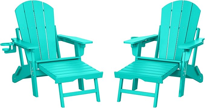 WestinTrends Malibu Folding Adjustable Adirondack Chair with Retractable Ottoman and Cup Holder (Set of 2), Turquoise