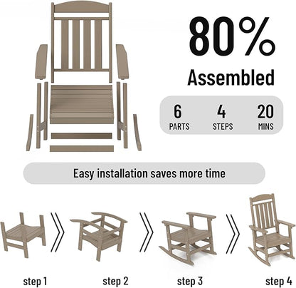 Outdoor Rocking Chairs Set of 6, Oversized High Back Patio Rocking Chairs, All Weather Porch Rocking Chairs for Outside. Brown