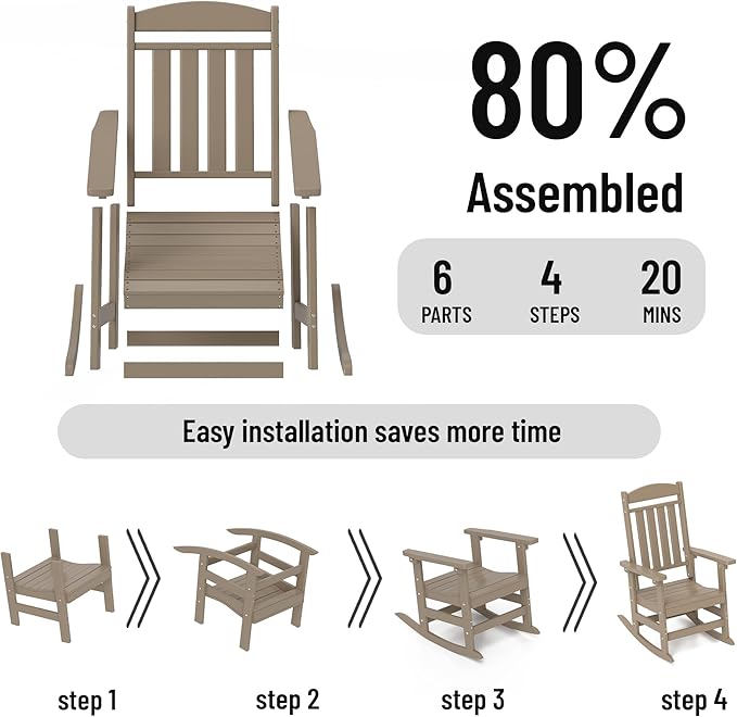Outdoor Rocking Chairs Set of 8, Oversized High Back Patio Rocking Chairs, All Weather Porch Rocking Chairs for Outside. Brown