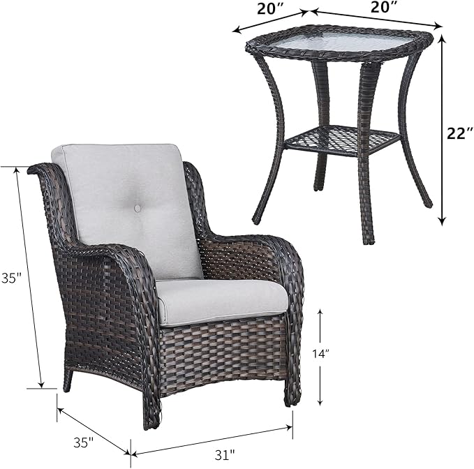 Rilyson Patio Bistro Set Wicker Chairs - 3 Piece Outdoor Rattan Conversation Set with 2 Armrest Chair and 1 Side Table - Photo 3