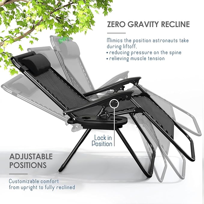 Nestl Zero Gravity Chairs Set of 2, Patio Lounge Chair Outdoor with Pillows & Cup Holder Trays - Photo 4