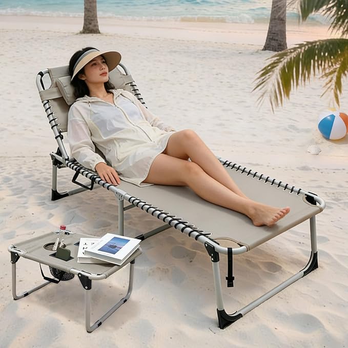 Backpack Sun Tanning Chair with Face Hole & Beach Table, 5-Position Adjustable Folding Lounge Chair Outdoor for Lawn Patio Garden