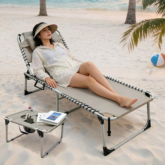 Backpack Sun Tanning Chair with Face Hole & Beach Table, 5-Position Adjustable Folding Lounge Chair Outdoor for Lawn Patio Garden